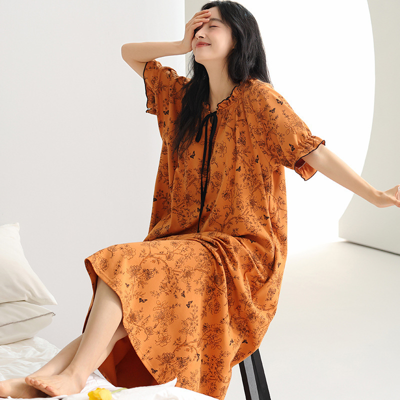 Women's Summer Thin Cotton Pajamas, Loose, Simple, Casual Style, Short-Sleeved Nightgown with Chest Pad, Home Wear Women's Summer Thin Cotton Pajamas, Loose, Simple, Casual Style, Short-Sleeved Nightgown with Chest Pad, Home Wear