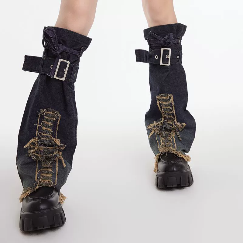 Retro denim gaiters, mid-length, distressed knee design, adjustable strap, one size