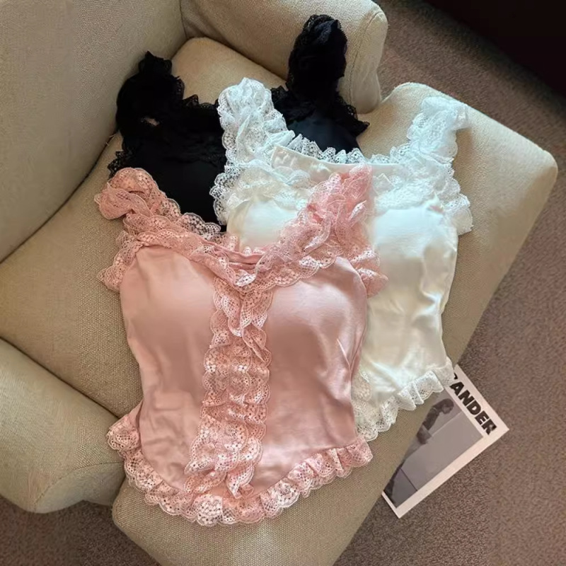 A075 # Lace Sleeveless Vest for Women, New Summer Style with Breast Pads, Sexy Pure Lust Style Top for Inner Wear or Outer Wear