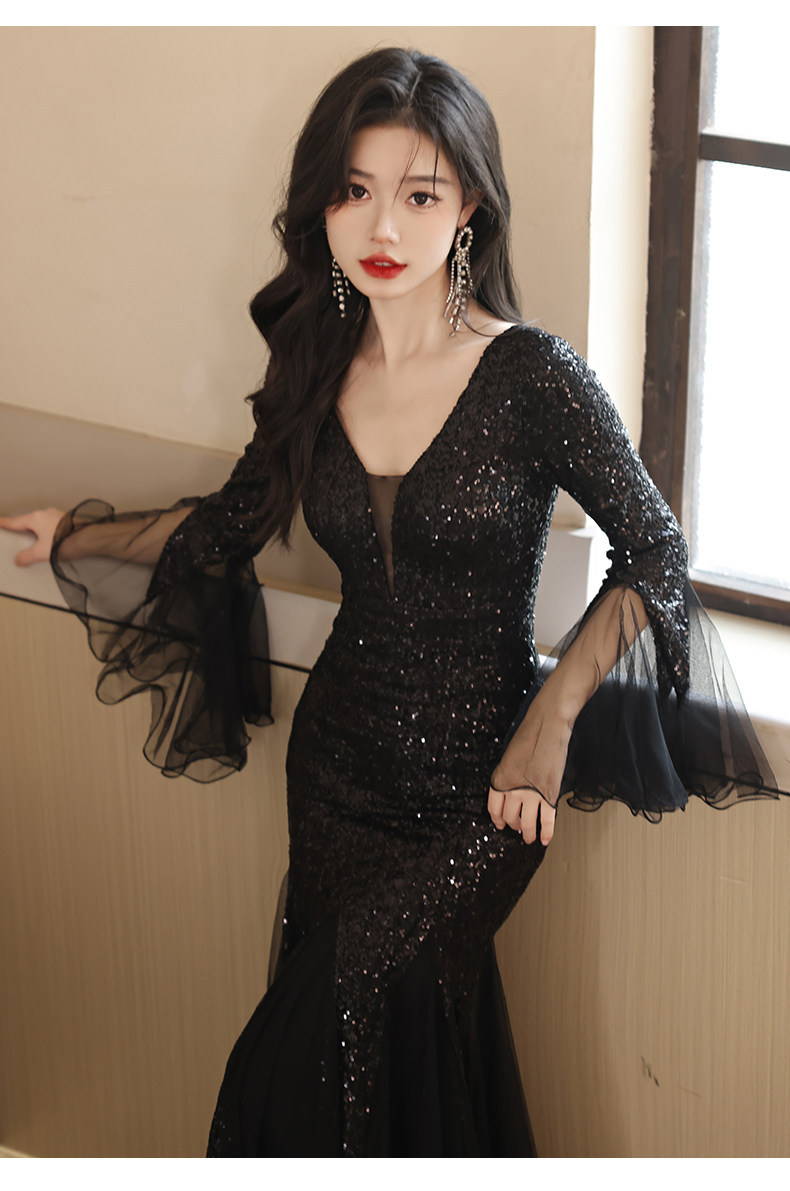 New Black Evening Gown For Women Elegant Luxurious Niche Style Mermaid Fit Long Dress With Sequins_ecoleips.com
