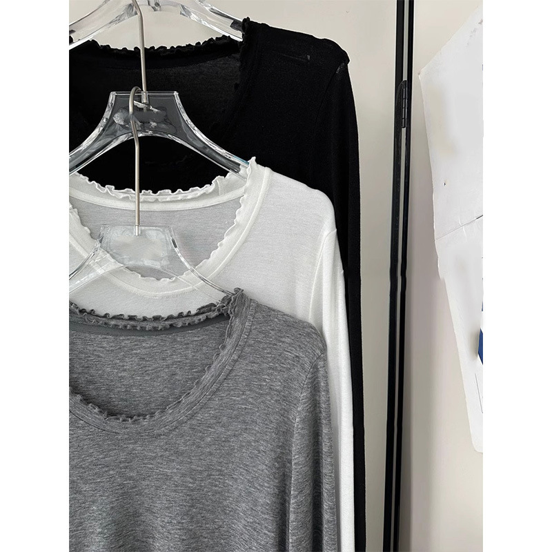 Korean high quality Collar Cuff Wave Ear High Elastic Tencel Mask T-shirt Women's Fashion Base Shirt