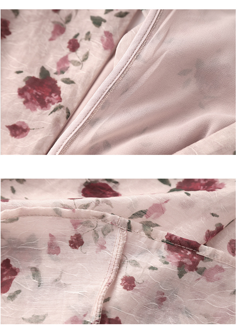 Váy maxi nữ thắt eo tay lỡ in họa tiết chất Tencel Crepe phong cách Pháp — Màu hồng chi tiết 14