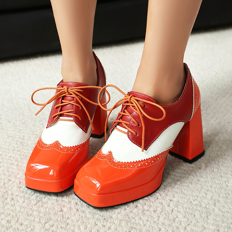 Wish Export Model 2025 Early Spring Fashionable Square Toe Thick Sole 33-48 Large and Small Size Color Matching Front Lace-Up Shoes for Women Wish Export Model 2025 Early Spring Fashionable Square Toe Thick Sole 33-48 Large and Small Size Color Matching Front Lace-Up Shoes for Women