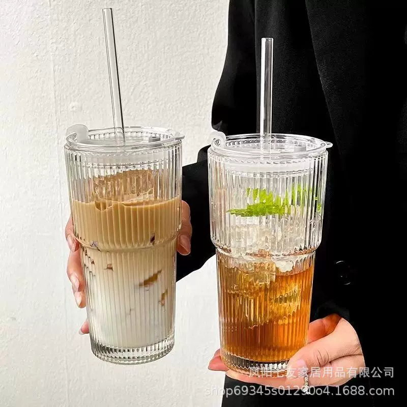 冷饮果汁咖啡杯带盖吸管杯大容量条纹玻璃杯水杯ins风杯子环保