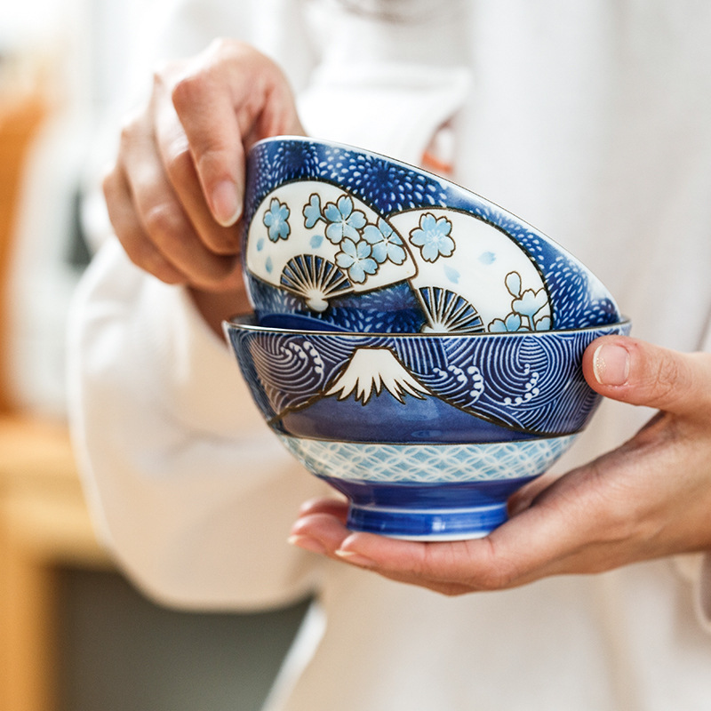 Japan Imported Chiyo Original Design Ceramic Rice Bowl Set Underglaze Color Tableware Auspicious Crane