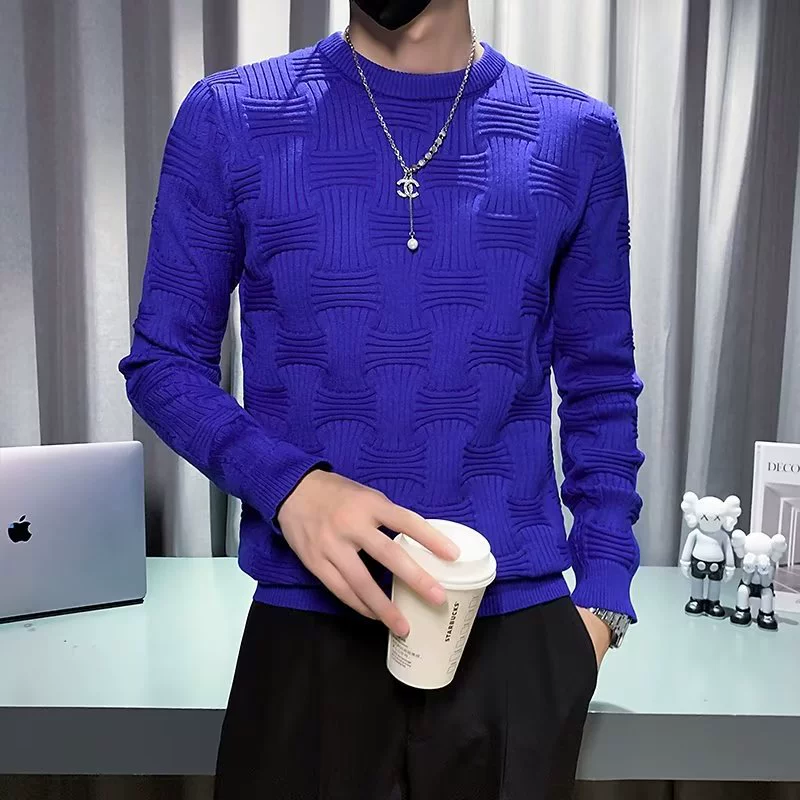 Мужской эластичный цветной вязаный демисезонный базовый свитер, slim fit