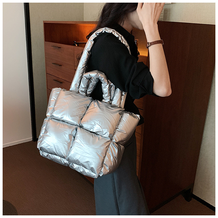 Down Bag Women Fashion Large Capacity Tote Bag High grade Shiny Handbag Simple Checkered Cotton Bag Shoulder Bag_voghion.com