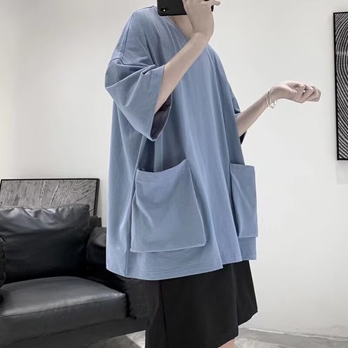 Japanese loose large pocket summer men's round neck short sleeve T-shirt Korean style student fashion versatile five-and-a-half sleeve
