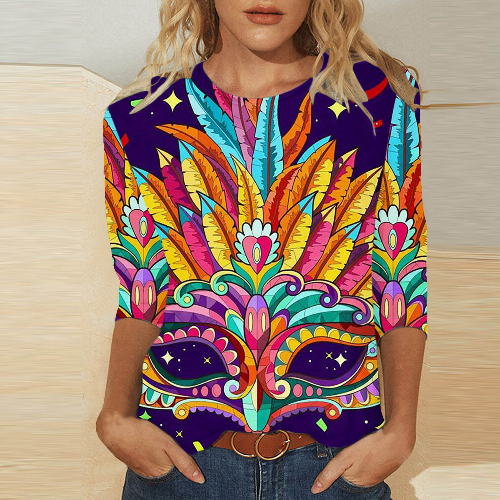 Nuova maschera a tema carnevalesco con stampa digitale trendy, girocollo, manica a 3/4_voghion.com