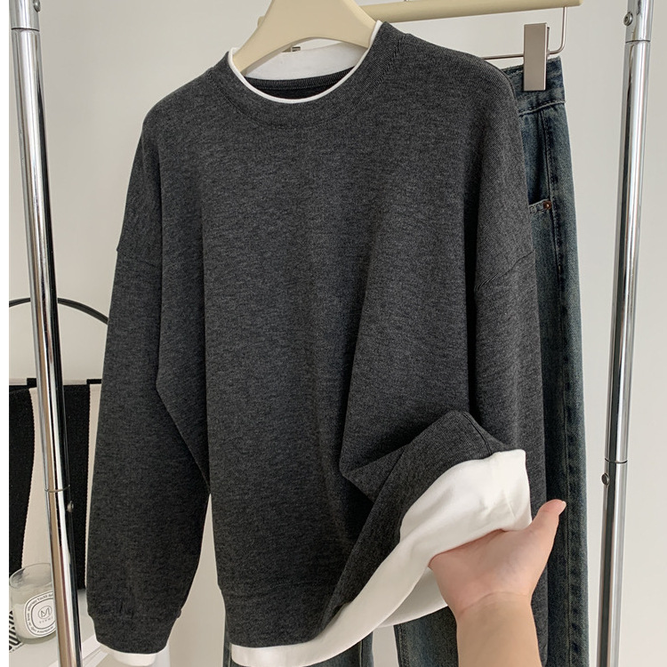 软糯假两件圆领长袖卫衣女学生新款秋冬季宽松百搭韩版深灰色上衣