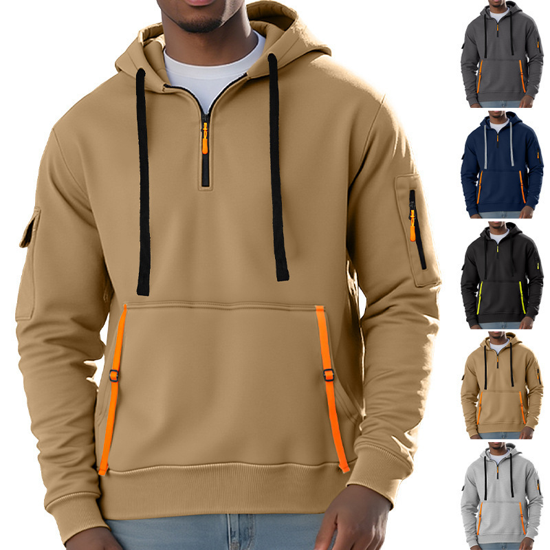 2025 Cross-Border Temu Men's Hooded Sweatshirt Fashion Casual Zipper Pocket Drawstring Top Trendy Men's Clothing