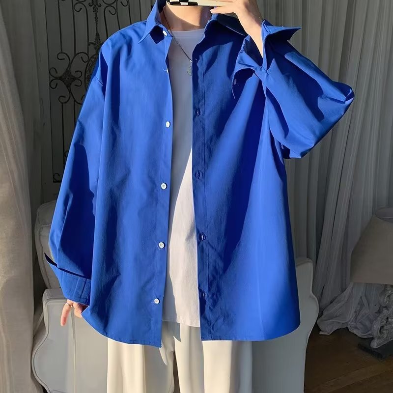 Klein Blue Shirt Men's Long-Sleeved Korean Style Trendy Versatile Loose Casual Solid Color Drapey Handsome Shirt