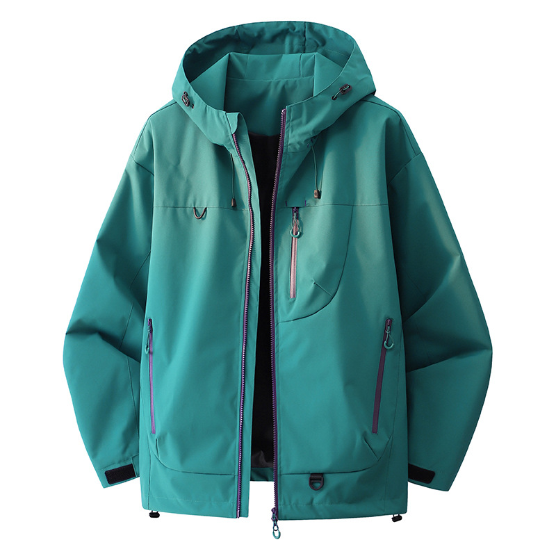 Línea de contraste de color al aire libre capa de asalto con capuz multicolor primavera y otoño para hombres y mujeres empalme chaqueta de trabajo chaqueta superior