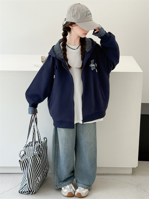女童秋装外套2025新款女大童春秋季韩系休闲上衣儿童连帽卫衣开衫|undefined