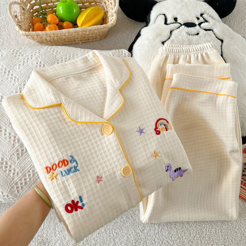 Cute Little Dinosaur Ins Autumn and Winter Waffle Grids Sandwich Air Cotton Pajamas Women's Home Wear Set Wholesale