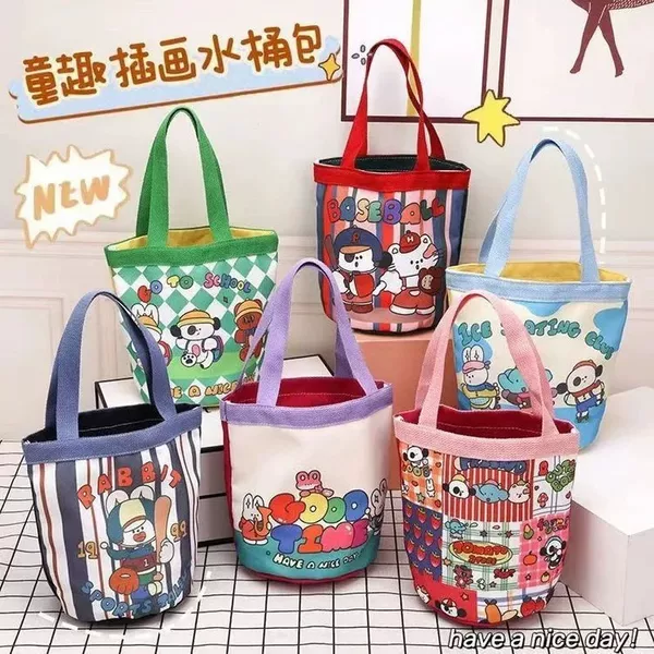 Cute Illustration Puppy Bucket Type Satchel Canvas Bag Korean Style Girly Heart Mommy Bag Lunch Bag Work Small Bag