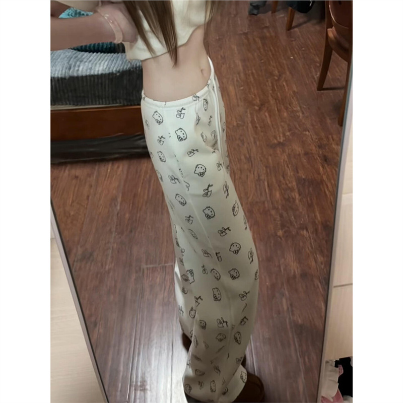 可爱kitty猫印花阔腿裤女夏季2025新款宽松休闲百搭显瘦直筒卫裤