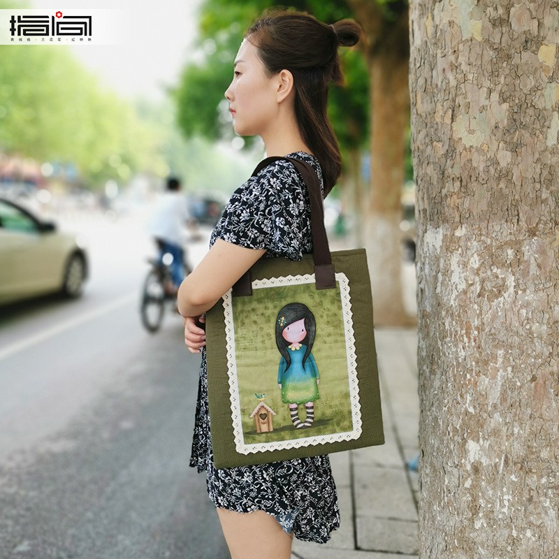 Hecho a mano DIY Lu bordado nuevo patchwork bolsa de las mujeres habitación individual bolsa grande regalo creativo imagen impresa bordado DIY bolsa de material