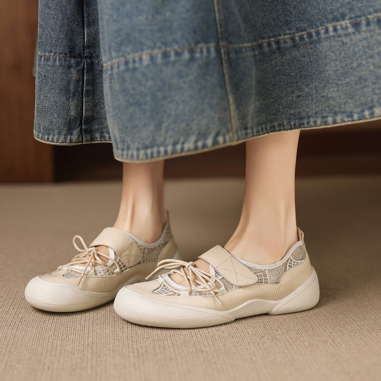 Giày sneaker nữ đế dày ren lưới phối màu cổ thấp — màu trắng ngà chi tiết 56
