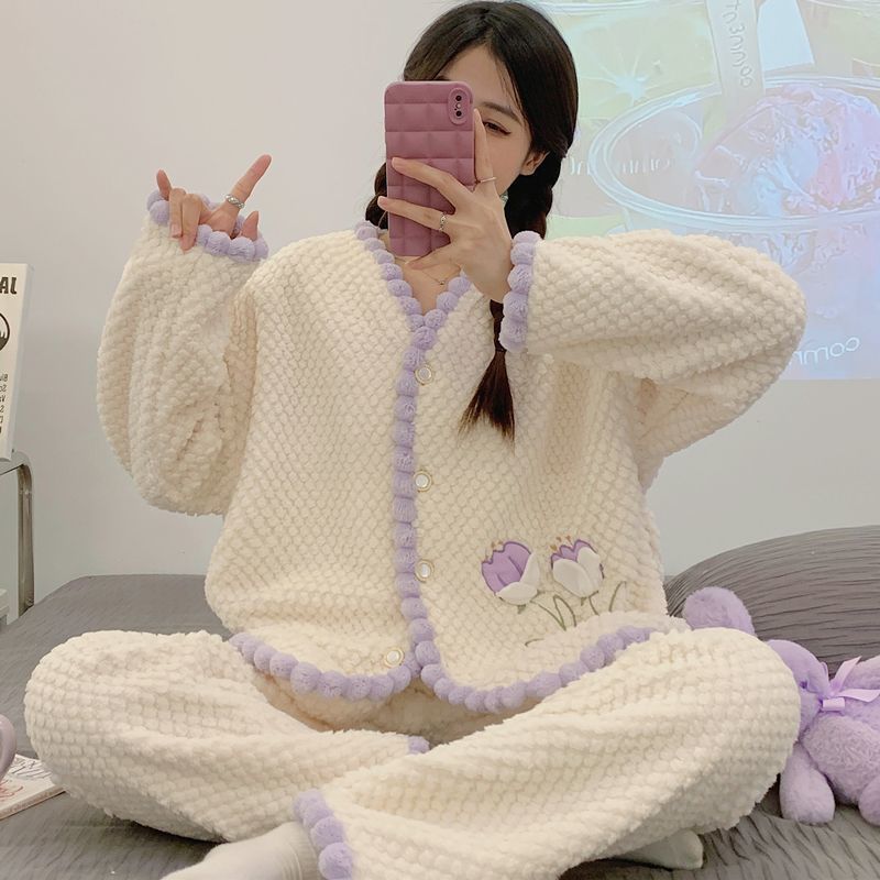 睡衣女秋冬季珊瑚绒加厚保暖韩版束口卡通可爱法兰绒家居服套装女|undefined
