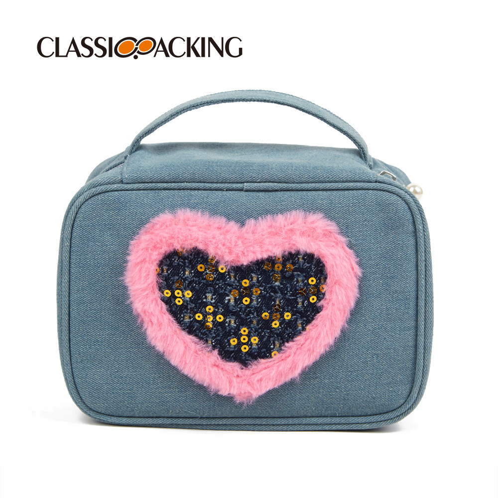 Bolsa de lavado diseñada por el fabricante, material de mezclilla de gran capacidad, bolsa de cosméticos portátil de viaje impermeable, se puede imprimir con logotipo