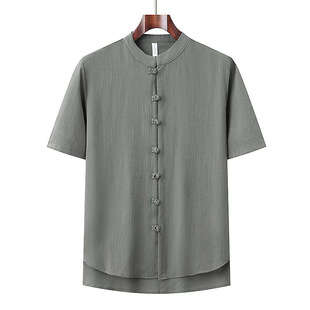 Cross-border supply Chinese style round neck buckle Tang suit men's summer thin solid color ice silk short sleeve cardigan shirt