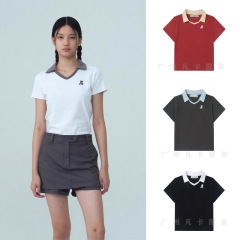 韓国 RR 半袖ラペル刺繍スリムフィット右肩 V ネックレストレクリエーショントップ T シャツ女性用