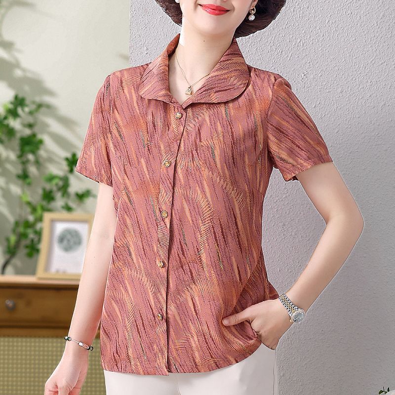 Summer Clothing for Middle-Aged and Elderly Women, Short-Sleeved Shirts for Grandmothers, Stylish Summer Tops for Middle-Aged Mothers, Collared Cardigans That Cover the Belly, Women's Tops