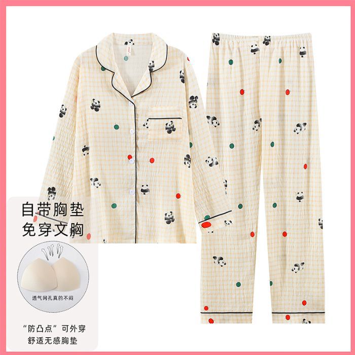 Nube de algodón pijama de primavera y otoño dulce dibujos animados con cojín de pecho cardigan de manga larga pantalones largos dos piezas de ropa de hogar