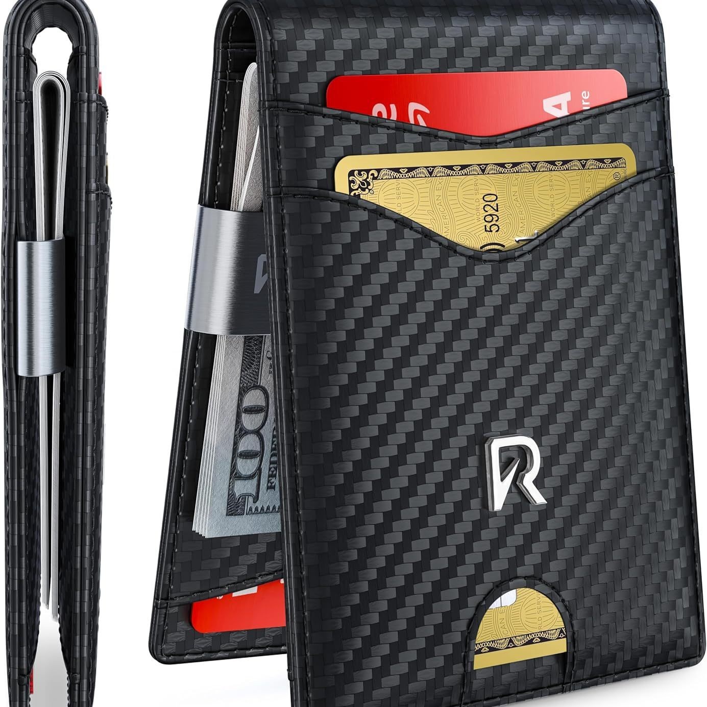 Customizado Amazon fibra de carbono estampado dólar clip multi-tarjeta cartera de cuero ultrafina cartera de negocios de cuero de vaca para hombres