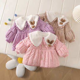 秋冬可爱纯色棉袄童装洋气休闲韩版公主小兔娃娃领棉衣外套