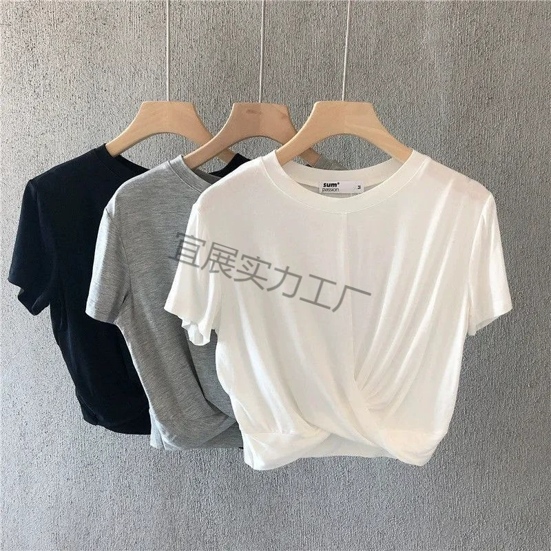 夏季韩版新款打结短款宽松运动休闲T恤女健身短袖露脐显瘦上衣潮