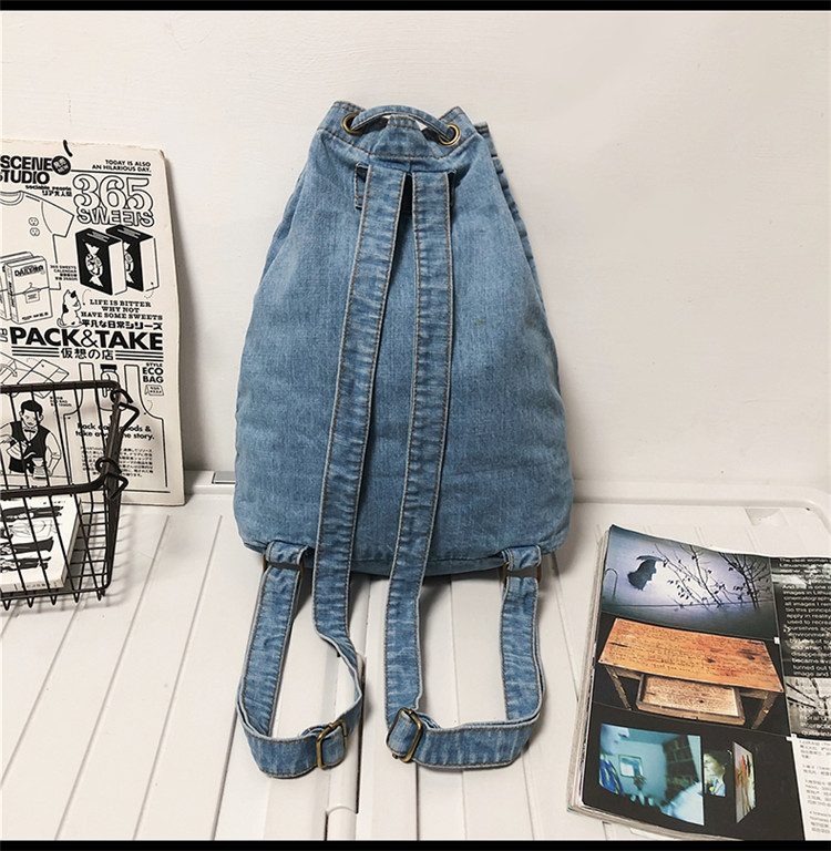 Korean Style Solid Color Denim Lace-up Backpack 28*13*37cm display picture 22