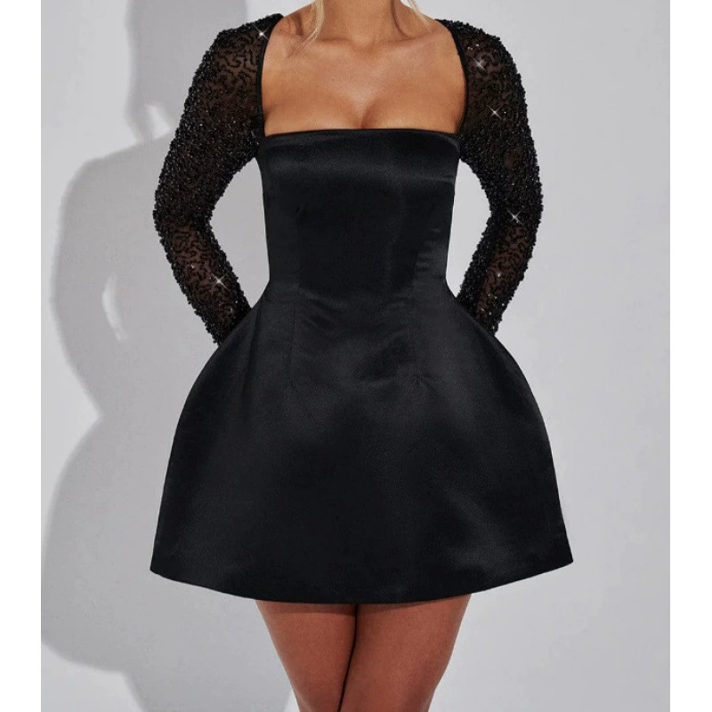 Сексуальная однотонная юбка трапециевидной формы с глубоким вырезом и квадратным вырезом, женская зима 2025, новое персонализированное кружевное платье с длинными рукавами