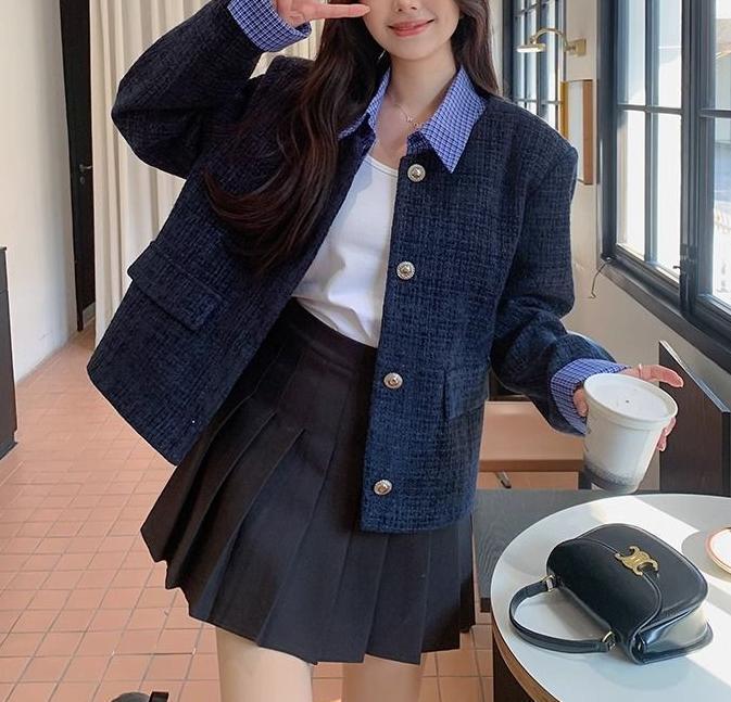 2025春新款高端设计感格纹拼接小香风外套女休闲百搭洋气设计上衣|undefined