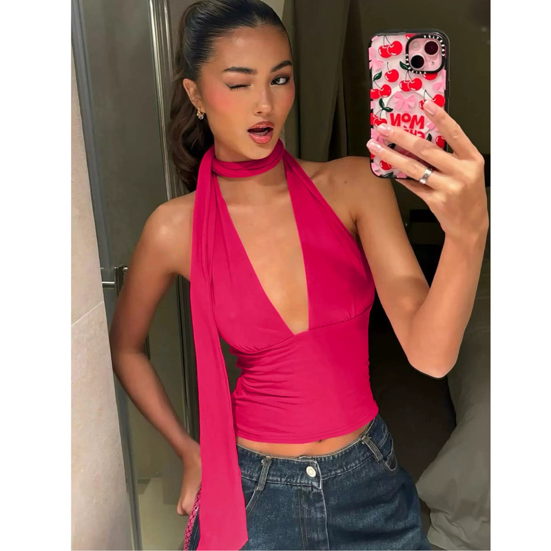European and American Ins Style Sexy Halterneck Ribbon Top Design Deep V Camisole Elegant Lady Vacation Style Women's Clothing