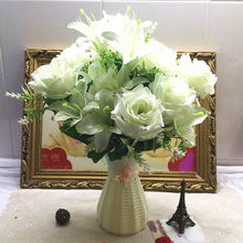 高档仿真玫瑰百合花束套装假花单支客厅装饰花绢花餐桌摆件花卉