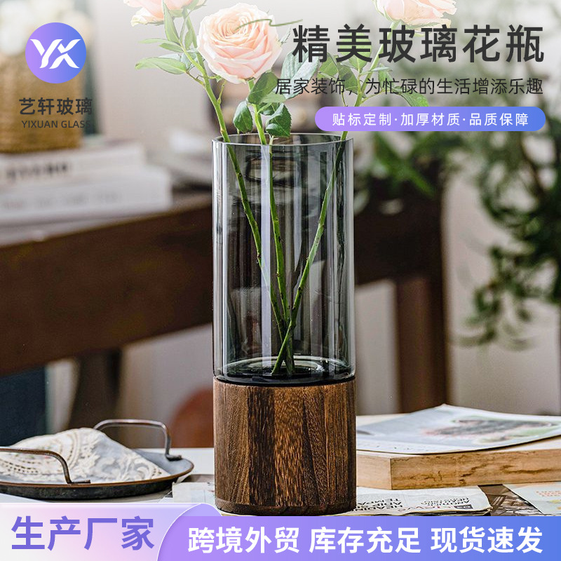 Light Luxury and High-End Wooden Glass Vase Ornaments Ins Living Room Decoration Rich Bamboo Flowers Hydroponic Vase Ornaments