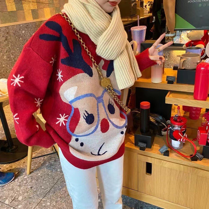 Foreign Trade European and American Women's Clothing Wish Amazon Hot-Selling Loose Pullover Christmas Reindeer Jacquard Knit Sweater for Women