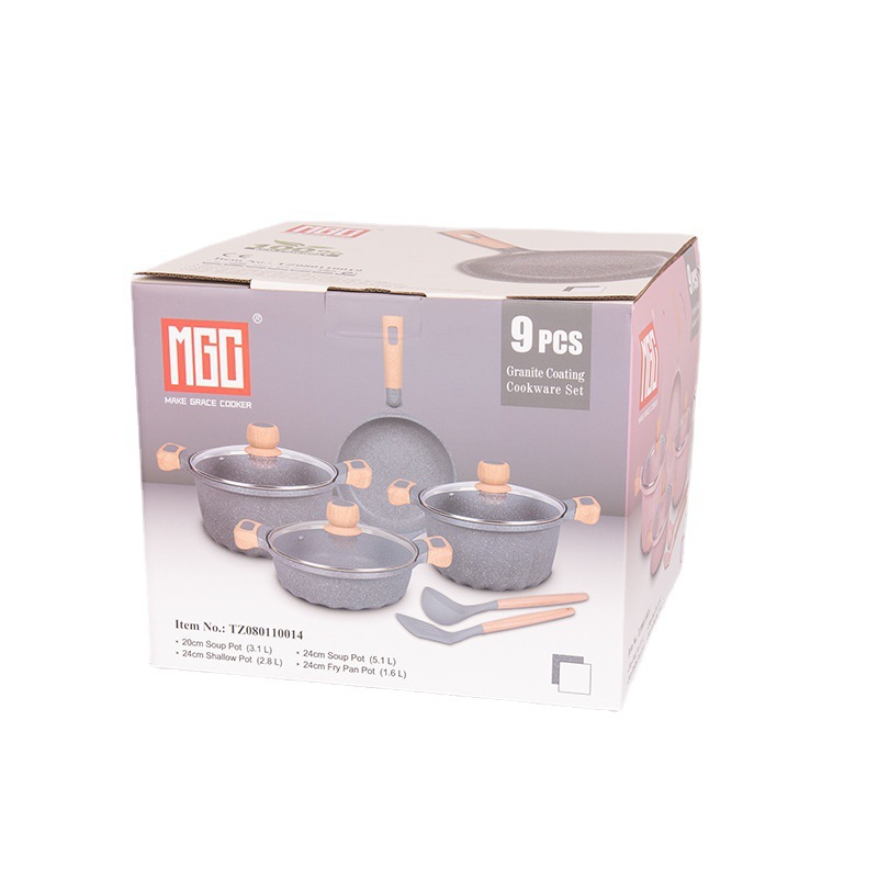 MGC Francia 9 piezas cocina casera antiadherente fondo plano destilado de aluminio horno electromagnético de fuego abierto olla de arena general