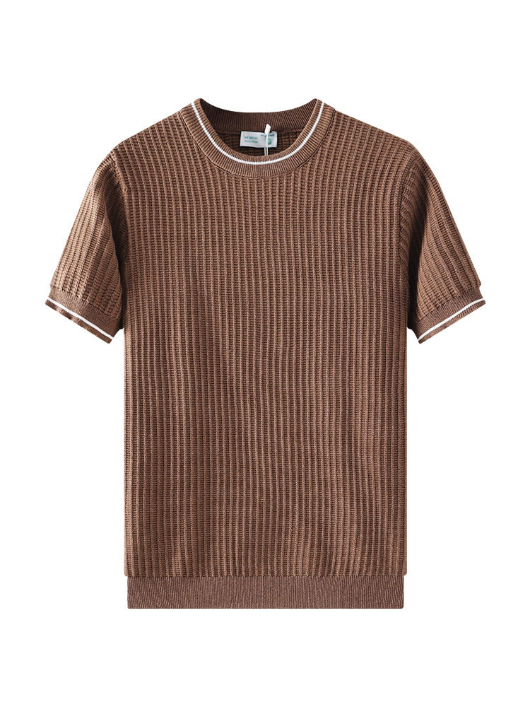 Old Qianfeng hombre camiseta de manga corta de punto hombre de verano alto sentido de cuello redondo Waffle textura hombre camiseta casual