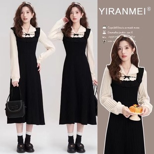 in stock new fashion early autumn French retro Hepburn style fake two autumn and winter nursing dress black default