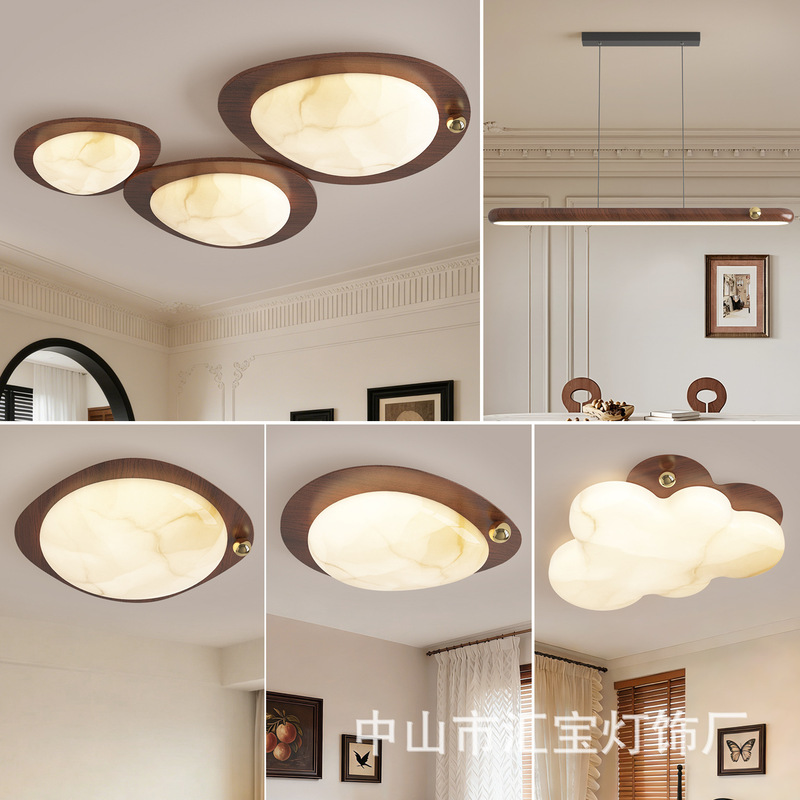 2026 New Vintage Walnut Wood Grain 3-Light Pebble Ceiling Light for Living Room, Bedroom, and Study Room