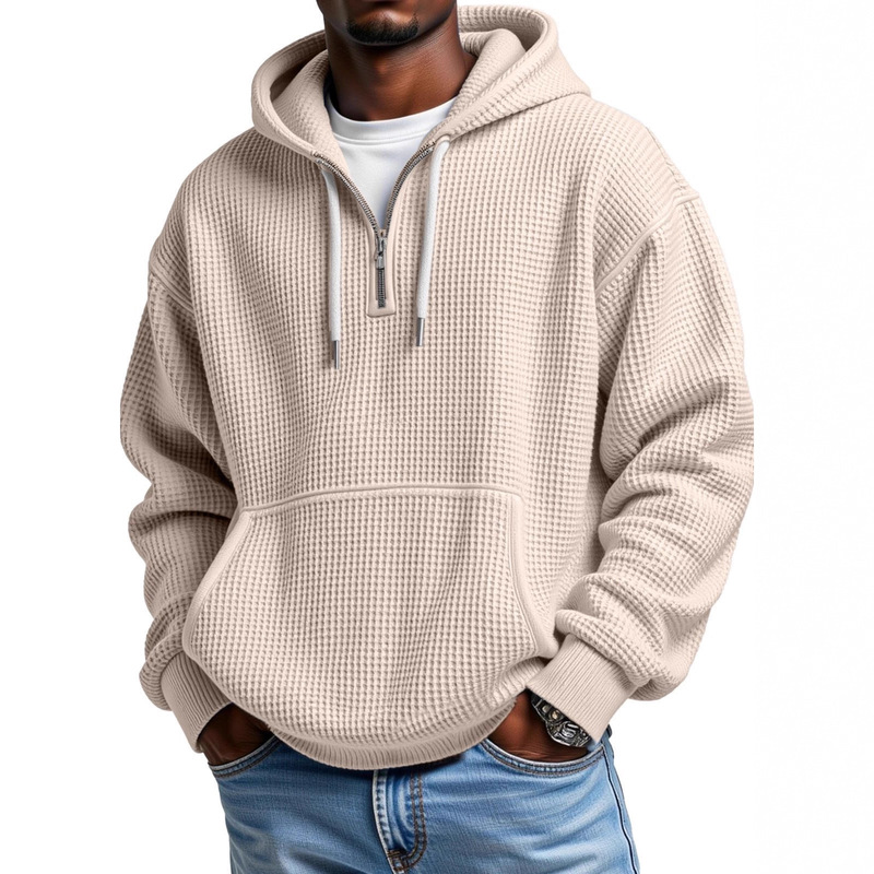 In-Stock New Amazon Hot-Selling Men's Hooded Sweatshirt with Half-Zip, Double-Hooded Zip-Up Waffle Top