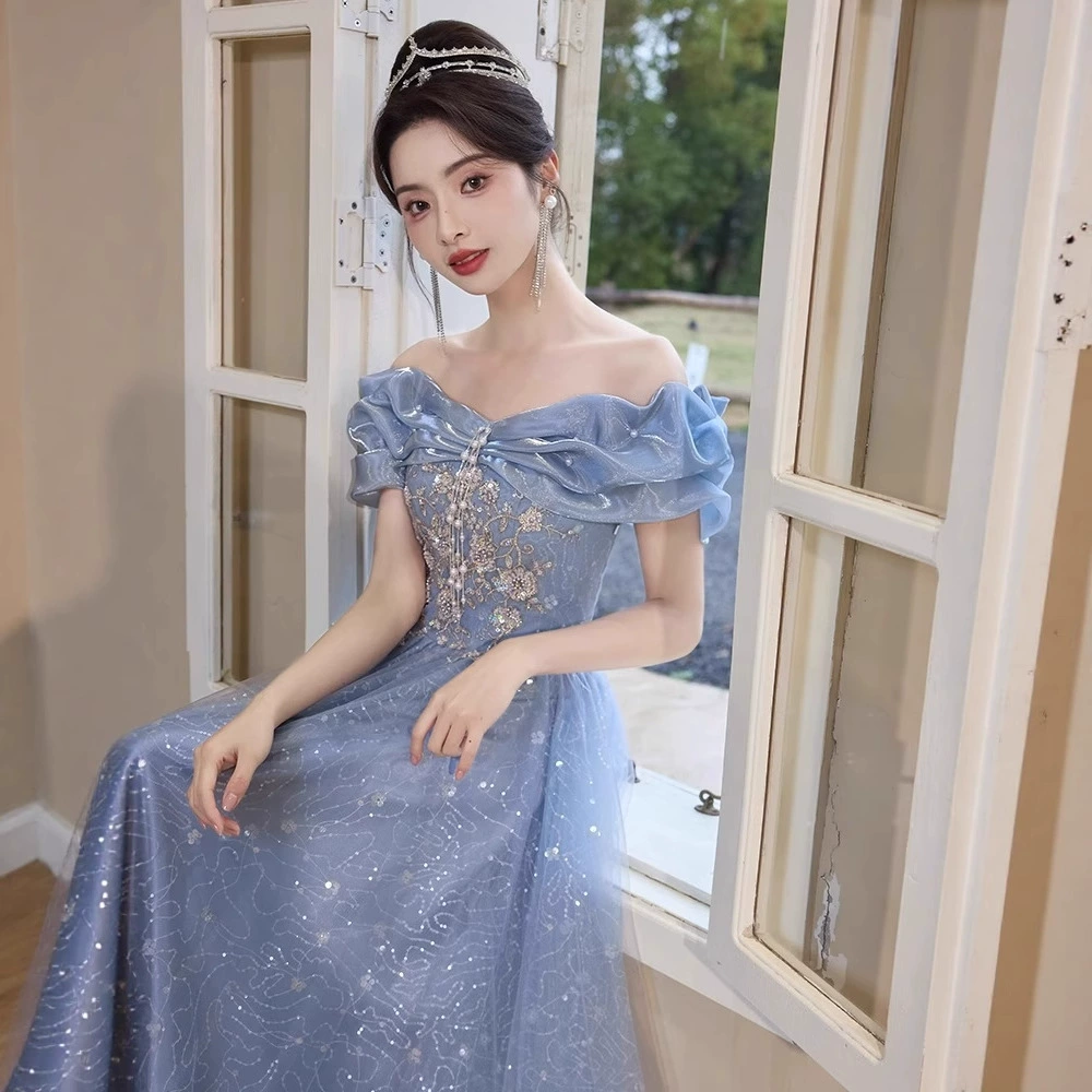 Blue evening dress, open shoulders, high-end
