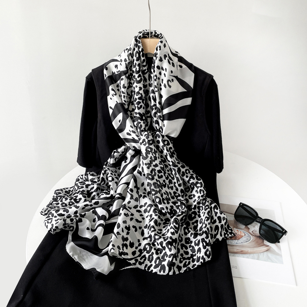 Leopard Print Patchwork Shawl Trendy Retro Style Long Silk Scarf Breathable Sunscreen Thin Women's Accessory_voghion.com