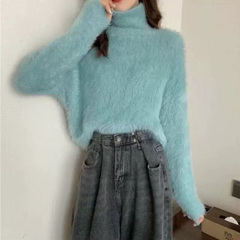秋冬新款软糯毛衣女宽松内搭套头仿水貂绒保暖上衣高领打底针织衫
