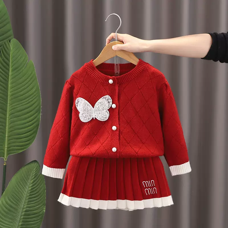 女童学院风裙套装生日拜年服洋气儿童红色公主裙宝宝针织两件套