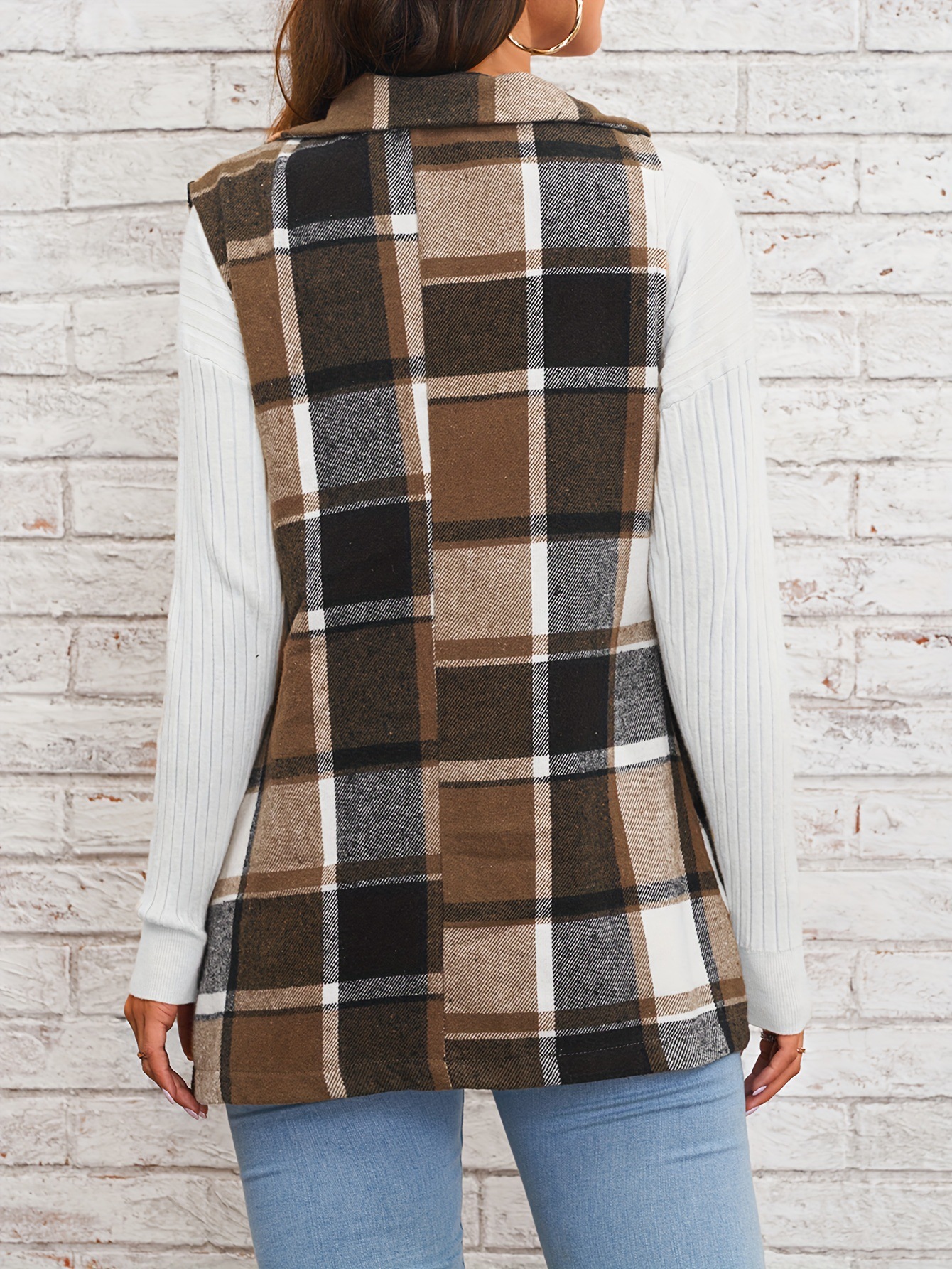 Chaqueta de mujer de comercio exterior transfronterizo chaleco a cuadros europeo y americano 2025 primavera estilo elegante cárdigan sin mangas de un solo pecho image 3