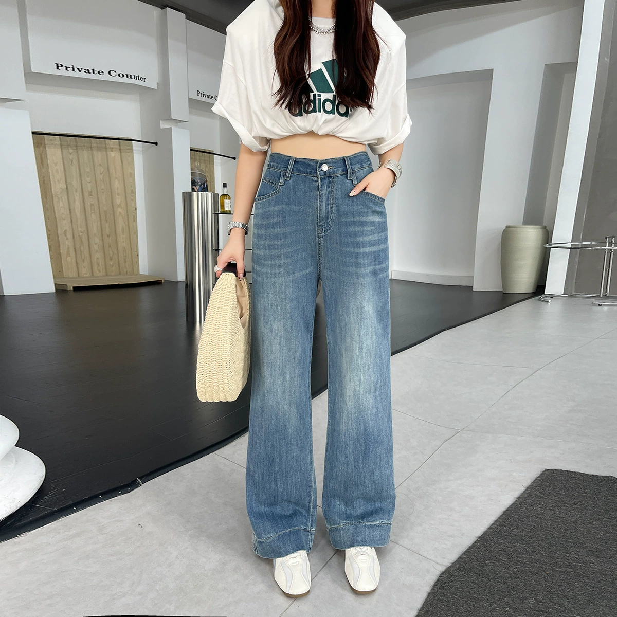 Женская летняя корейская версия толстая MM тонкая и высокая талия, дикая высокая талия, ультратонкие эластичные джинсы брюки 8653